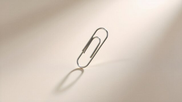 A metallic paperclip casting a soft shadow on a neutral background, expressing simplicity and minimalism, used for office supplies or design concepts.