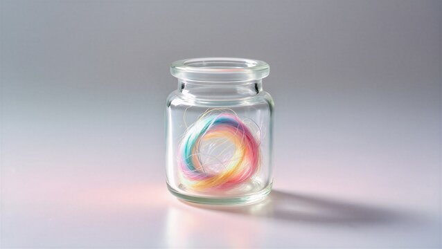A vibrant, multicolored thread coiled inside a clear glass jar, symbolizing creativity and potential, used for artistic and conceptual designs.