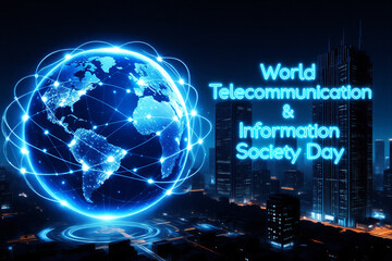 Fototapeta premium Futuristic glowing global network with city skyline celebrating worldwide telecommunication and information society day concept
