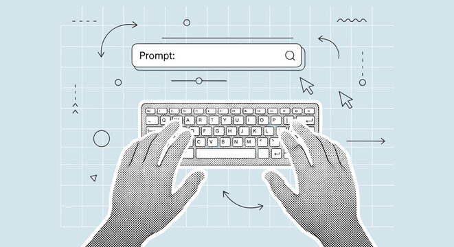 Typing a prompt into a search bar with a keyboard and cursor illustration
