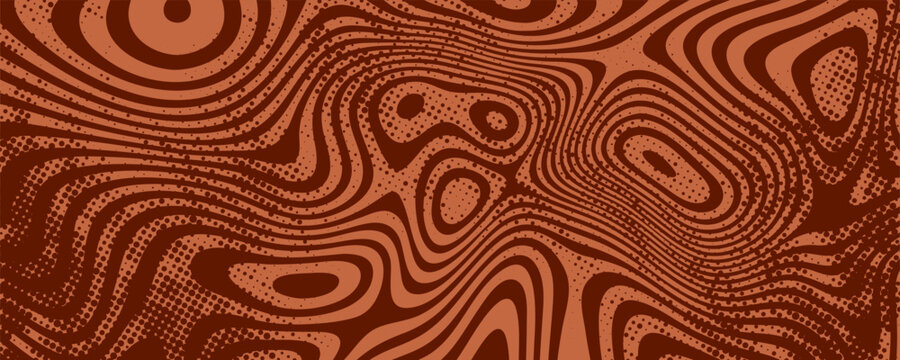 Retro coffee color background. Milk chocolate liquid dessert texture. Wavy swirl candy pattern for poster, cover, banner, pamphlet. Vintage brown trippy hippie wallpaper in 60s or 70s style. Vector