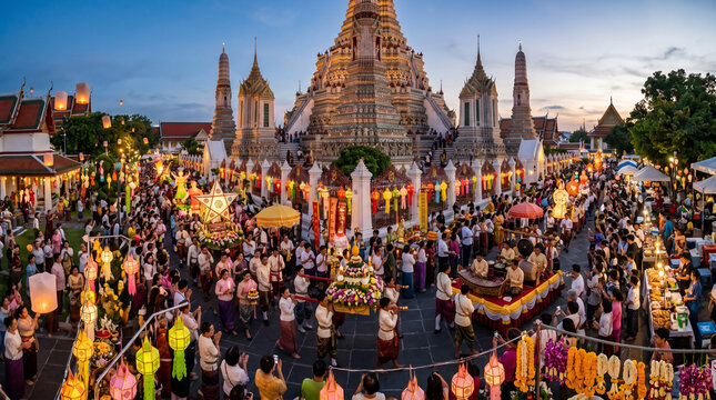 Vibrant festival at historic temple during evening