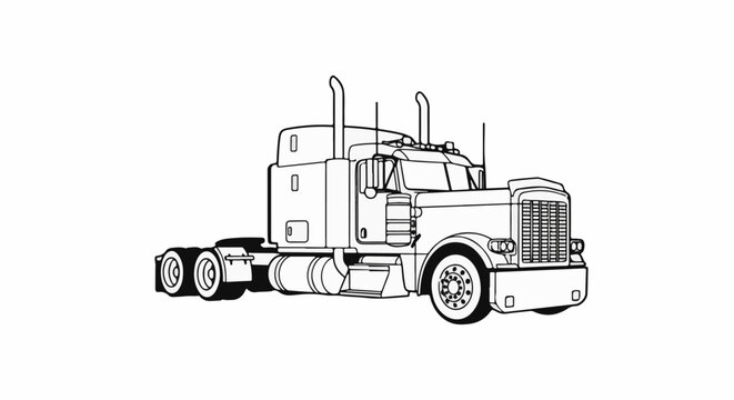 Black and white line drawing of a large semi-truck tractor unit