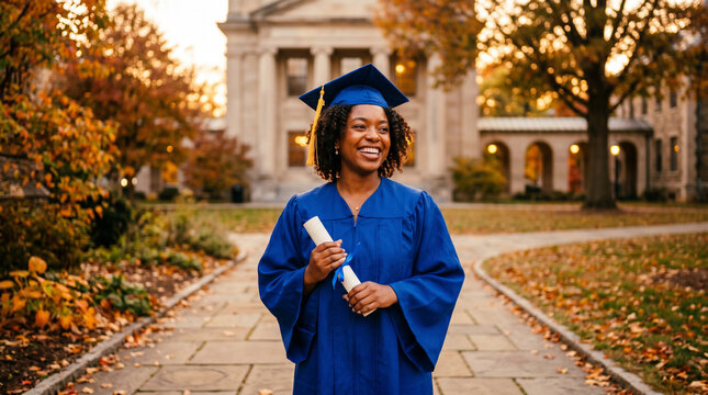 Happy graduate in blue cap and gown on campus