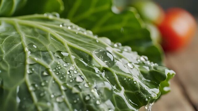 Closeup of fresh green cabbage leaf with water droplets and blurred tomato background.