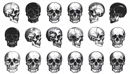 Fototapeta premium Collection of black and white human skull illustrations in various views and styles