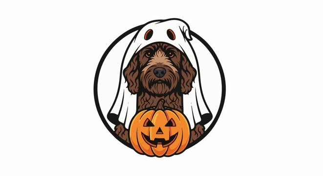 Cute dog in a ghost costume holding a carved pumpkin