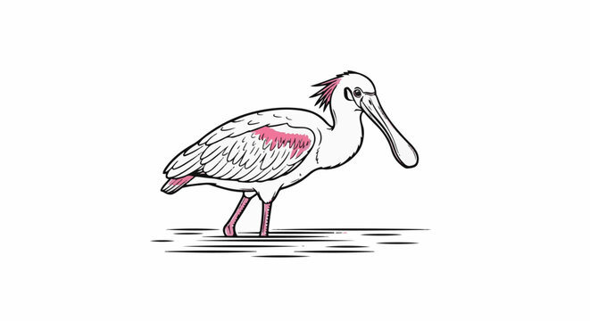 Delicate drawing of a wading bird with a distinctive spoon-shaped bill and pink accents