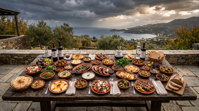 Beautiful outdoor Mediterranean feast with scenic ocean view