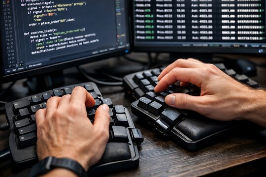 Hands Typing on Split Ergonomic Keyboard with Code and Financial Data on Dual Monitors