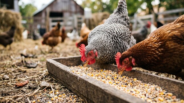 Farm Chickens Eating Grain From Wooden Feeder, Rustic Countryside Scene