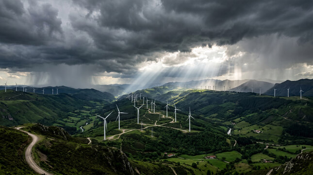Wind Turbines Over Lush Green Mountain Landscape