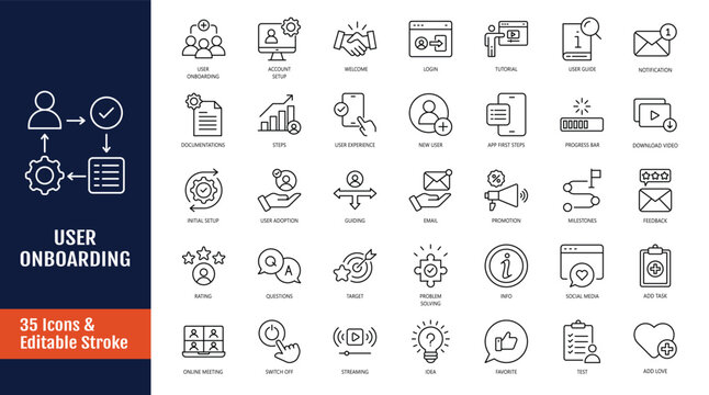 User Onboarding icon set. Icons related to account setup, login, tutorial, user guide, and more. Outline icon with Editable stroke. Vector illustration