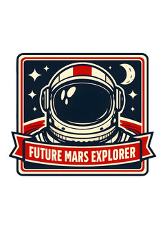 Vintage retro space mission badge design featuring an astronaut helmet and crescent moon with Future Mars Explorer typography classic sci fi exploration patch logo