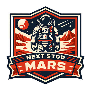 Vintage retro space exploration emblem design featuring an astronaut on a red planet with Next Stop Mars typography classic sci fi mission patch logo