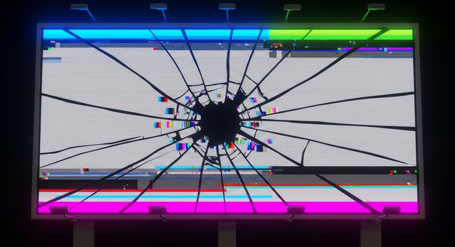 Shattered computer screen with a prominent impact point and radiating cracks.