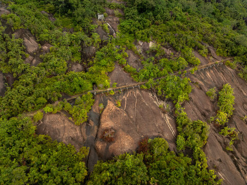 Aerial view of Anse Major trail crossing steep granite rock faces surrounded by dense tropical vegetation and lush green trees in Port Glaud, Seychelles.