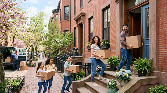 Family moving into their new home on spring day