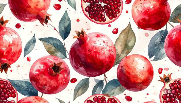 A vibrant watercolor pattern of pomegranates, with whole fruits, halved fruits, seeds, and leafy branches scattered across a light background