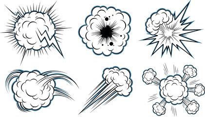 Comic Explosion Effects Set with Smoke Clouds Burst and Speed Lines Vector Illustration © MdMojnu