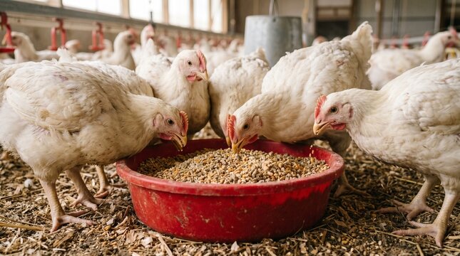 Broiler chickens flock eating feed from red bowl in modern poultry farm