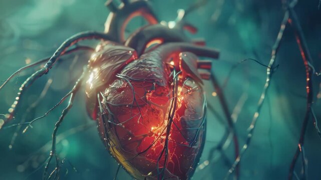Glowing heart pulses within tangled, organic branches deep teal mist swirls around luminous red structure intricate veins spread outward from central core light refracts through translucent heart surf