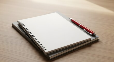 Naklejka premium Spiral notebook with a red pen on a light wooden desk