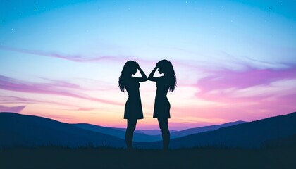 Fototapeta premium Silhouettes of two women posing against a colorful dusk sky with rolling hills in the background during twilight hours.