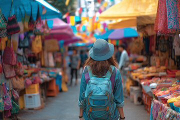 Obraz premium Woman backpacker walking through the local market.