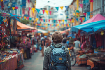 Obraz premium Woman backpacker walking through the local market.