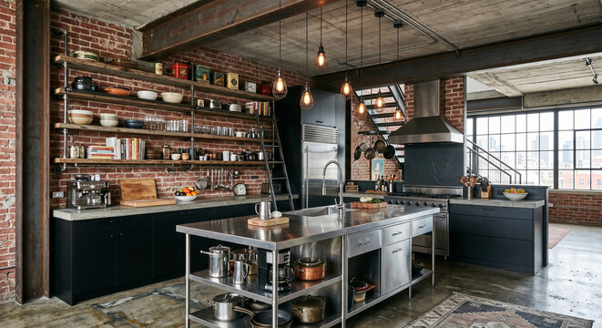 A 2000s industrial conversion kitchen in a city loft. Exposed red brick walls, concrete ceilings, and heavy steel beams. Open shelving made of reclaimed wood and plumbing pipes. Commercial stainless s