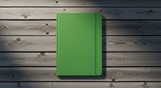 Closed green notebook with an elastic band closure, placed on a rustic wooden surface