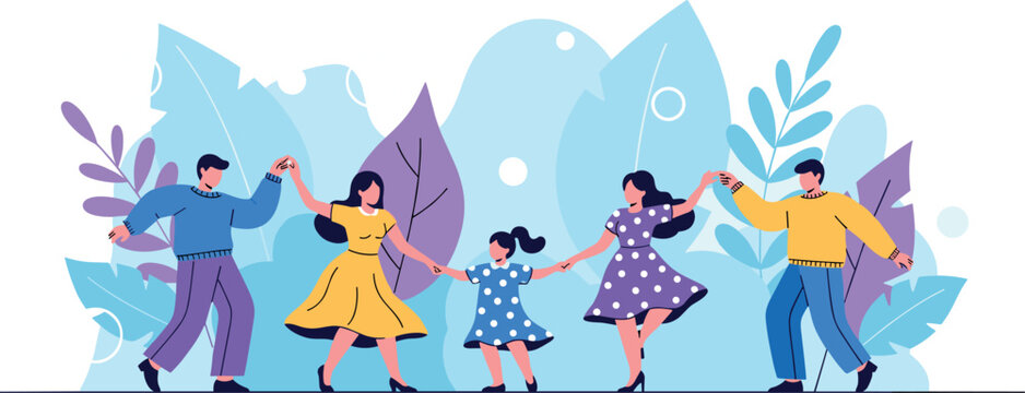 Happy family dancing together parents and children joyful activity celebration flat vector illustration modern lifestyle people concept