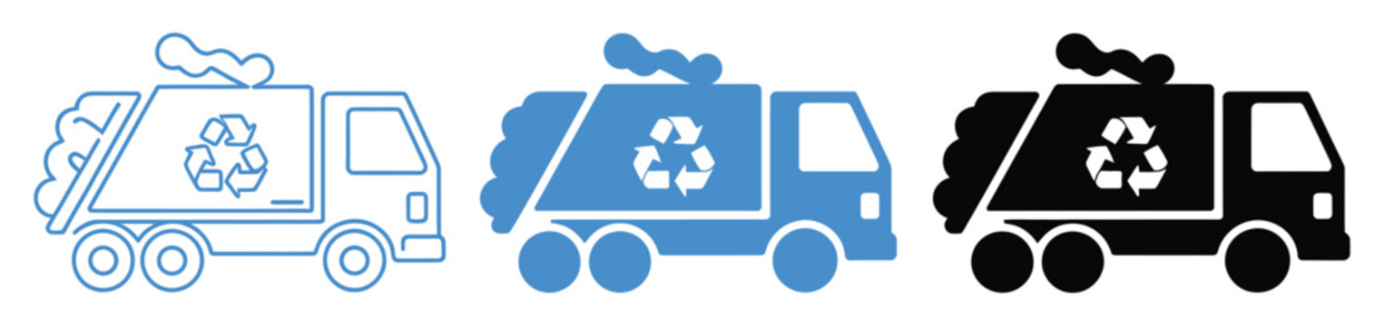 Garbage truck icon set, multiple style collection, modern vector icons of waste collection trucks in clean and minimal styles, recycling and sanitation service symbols.
