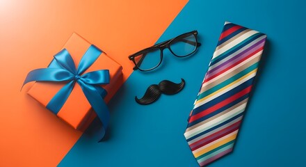 Fototapeta premium Father's day gifts tie glasses and present on a colorful background