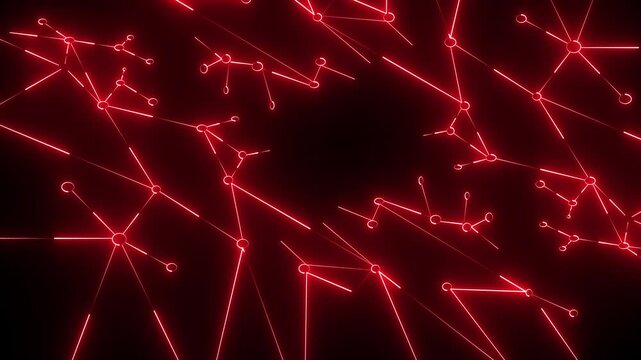 Network nodes connected by glowing red lines form a complex data structure representing digital infrastructure and abstract systems of information exchange within a high tech environment for.