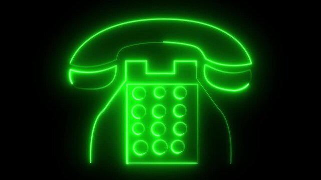 Telephone icon rendered with green neon light illuminates the dark void to signify modern communication channels and digital connectivity tools for businesses seeking high contrast visual graphic.