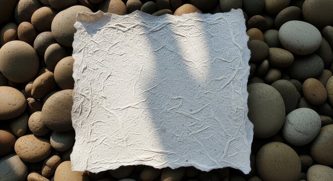 A textured, hand-torn sheet of handmade paper with visible pulp and rough edges, resting on a pebble-strewn surface.
