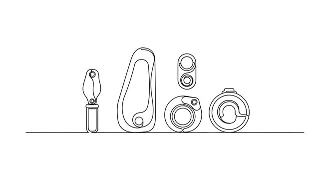 Set of climbing carabiners and ascender, isolated on white background, line art illustration