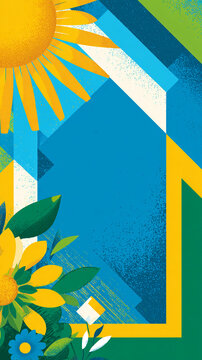 Vibrant Geometric Floral Abstract with Bold Sunflower Illustrations in Blue and Yellow