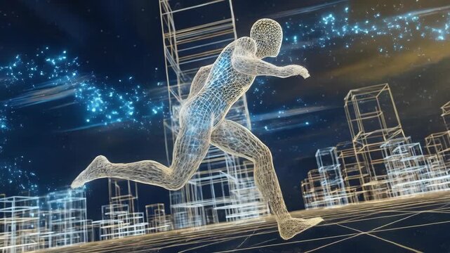 Wireframe man running and leaping through digital cityscape. Futuristic animation of sprinting figure in virtual urban environment. Technology speed and motion concept.