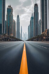 Fototapeta premium Wide asphalt road leading towards city skyscrapers under cloudy sky