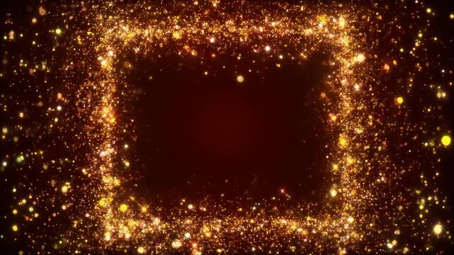 きらめく粒子が四角い縁を描く華やかな抽象背景