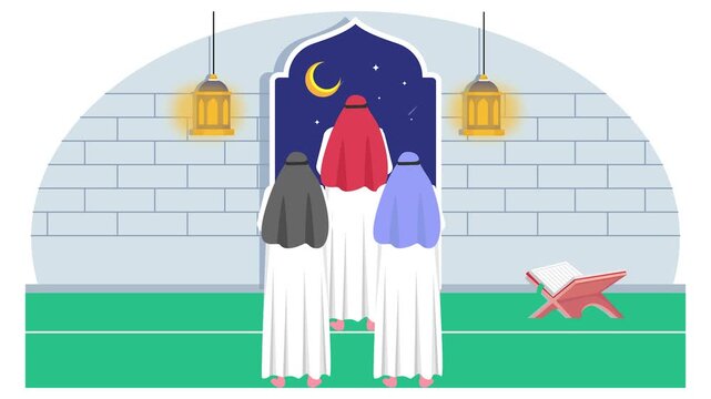 Jamaah or Jamat Takbeer animation, Muslims Offering festival prayer animated video, ramadan and Eid al-Fitr clip, Muslim fasting month footage, Arabic holidays motion, mosque interiors graphics