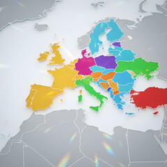 Fototapeta premium Colorful map of Europe with different countries highlighted in various shades, illustrating political and economic divisions