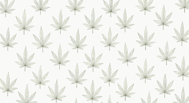 Subtle seamless pattern shows numerous green cannabis leaves with a textured vintage effect scattered across a light beige background.