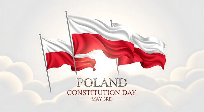 Poland flags waving on poles for constitution day on may 3rd