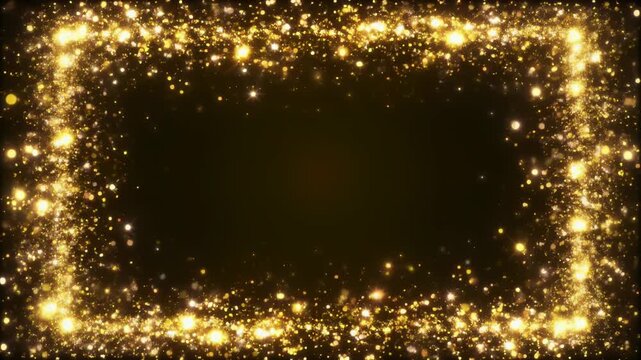 きらめく粒子が四角い縁を描く華やかな抽象背景