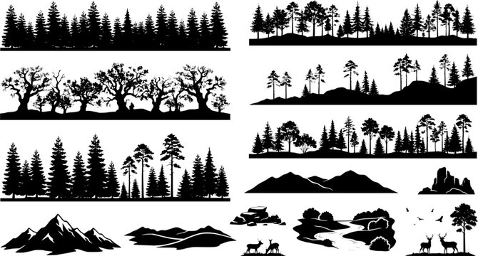 Seamless silhouette forest landscape with multiple rows of pine trees