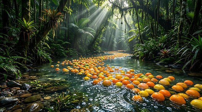 Buah Jeruk dan Lemon Mengalir di Sungai Hutan Tropis yang Sunyi dengan Sinar Matahari Menembus Kanopi